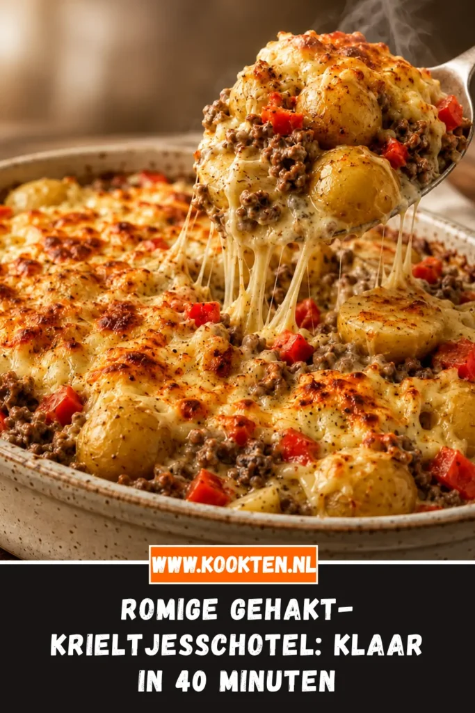 Romige gehakt-krieltjesschotel van dichtbij op het bord