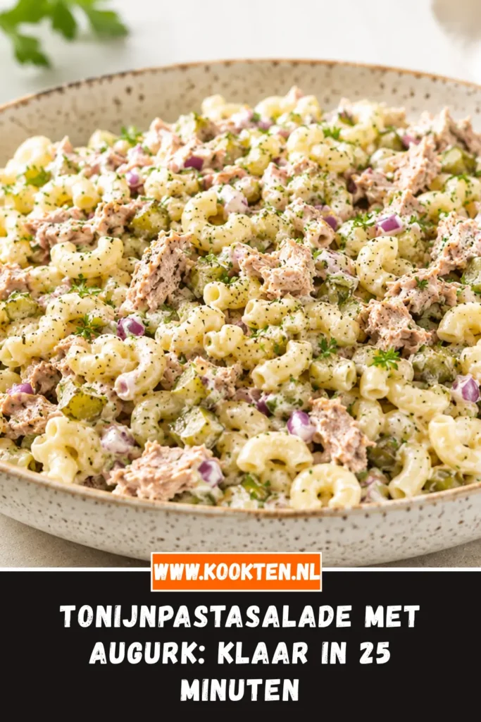 Tonijnpastasalade met augurk van dichtbij op het bord