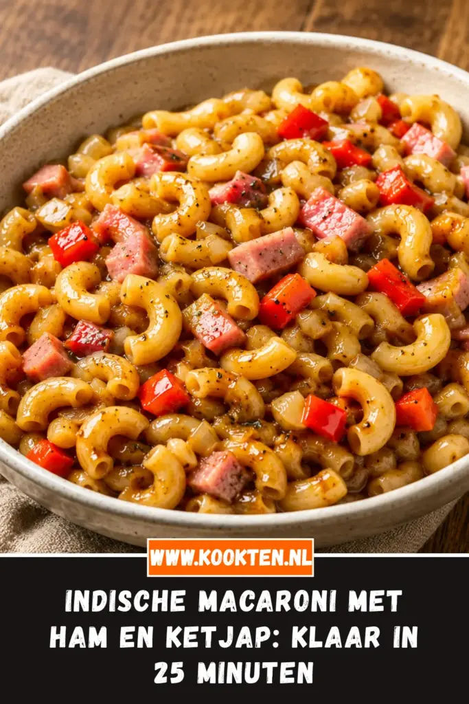 Indische macaroni met ham en ketjap met rode paprika