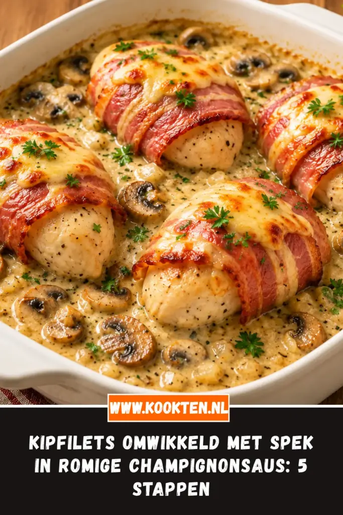 Kipfilets omwikkeld met spek in romige champignonsaus uit de oven