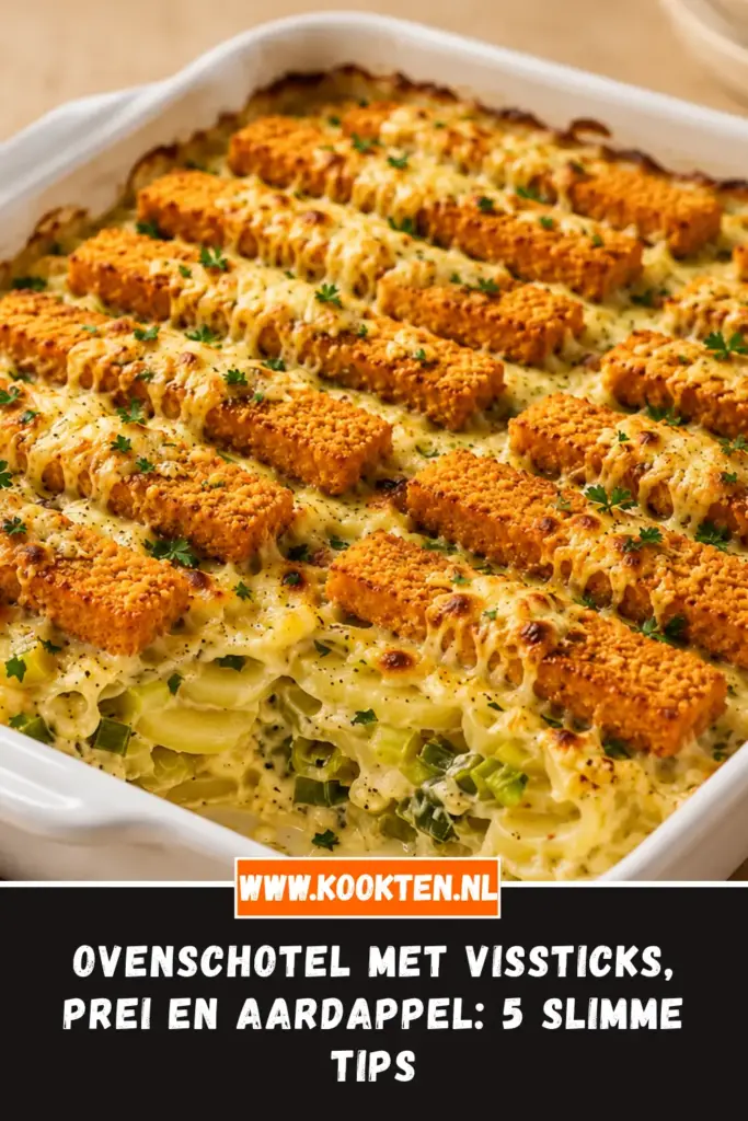 Ovenschotel met vissticks, prei en aardappel van dichtbij op het bord