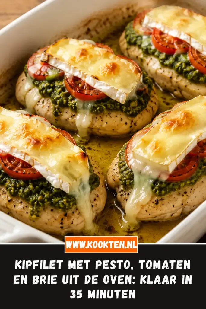 Kipfilet met pesto, tomaten en brie uit de oven van dichtbij op het bord