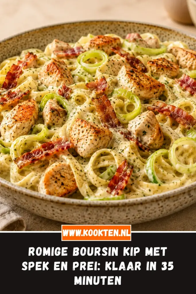 Romige Boursin kip met spek en prei van dichtbij op het bord