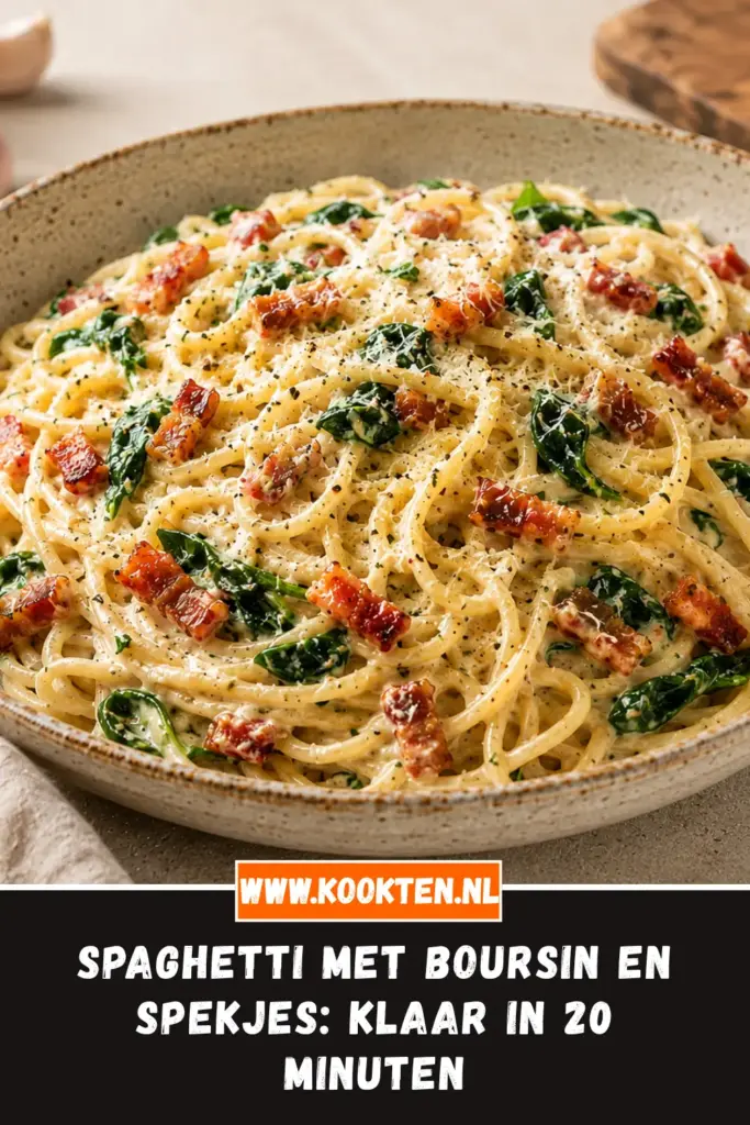 Spaghetti met Boursin en spekjes van dichtbij op het bord