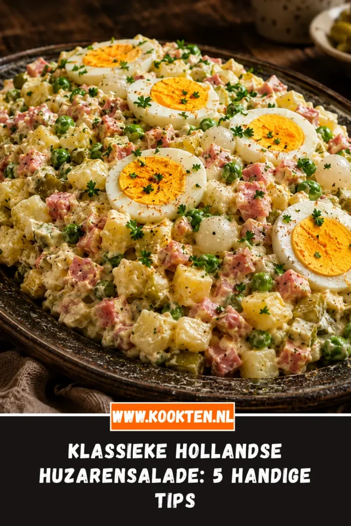 Klassieke Hollandse huzarensalade van dichtbij op het bord