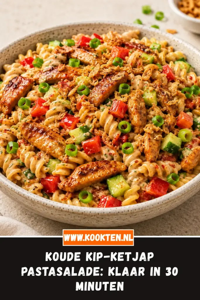 Koude kip-ketjap pastasalade van dichtbij op het bord