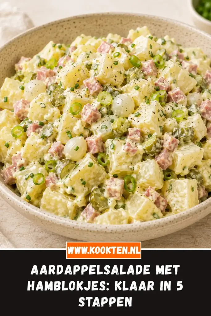 Aardappelsalade met hamblokjes van dichtbij op het bord