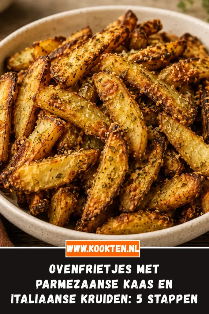 Ovenfrietjes met Parmezaanse kaas en Italiaanse kruiden van dichtbij op het bord