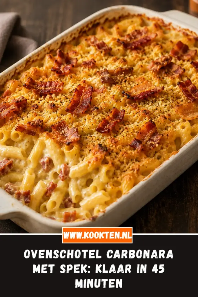 Ovenschotel carbonara met spek van dichtbij op het bord