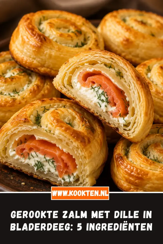 Gerookte zalm met dille in bladerdeeg van dichtbij op het bord