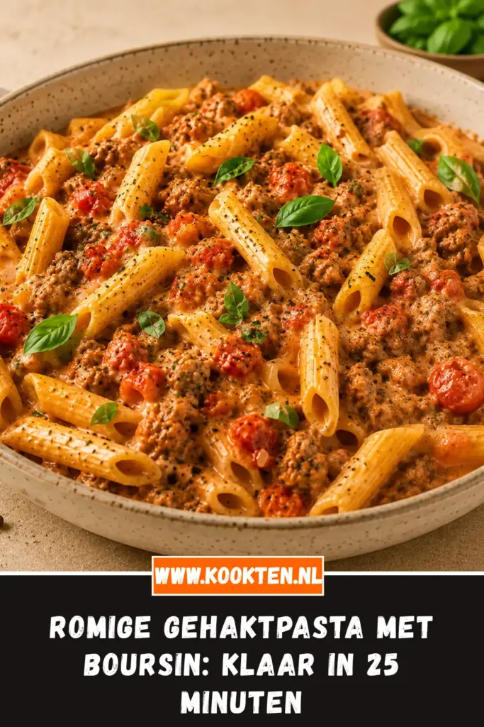 Romige gehaktpasta met Boursin en verse basilicum