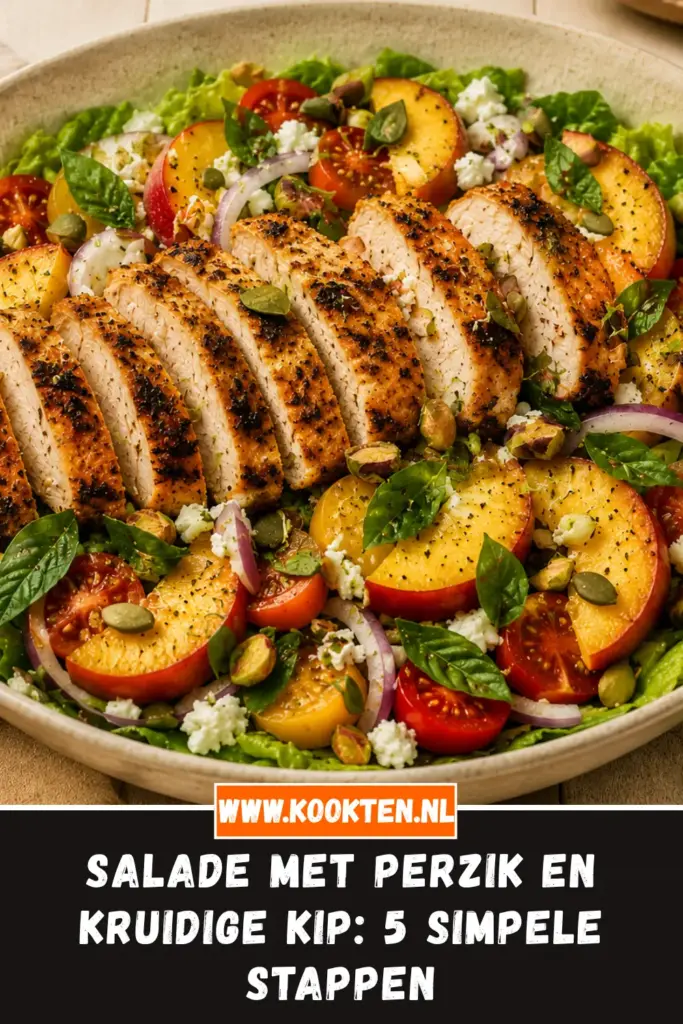 Salade met perzik en kruidige kip van dichtbij op het bord