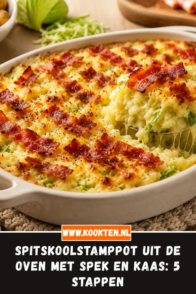 Spitskoolstamppot uit de oven met spek en kaas van dichtbij op het bord