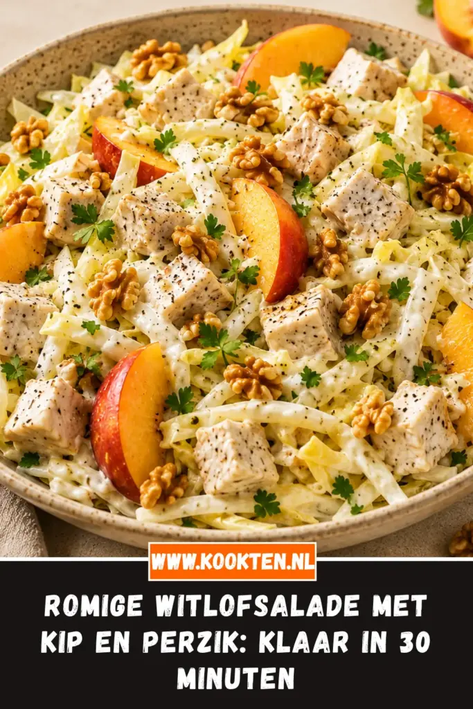 Romige witlofsalade met kip en perzik met walnoten