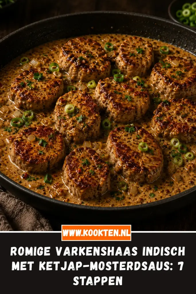 Romige varkenshaas Indisch met ketjap-mosterdsaus van dichtbij op het bord