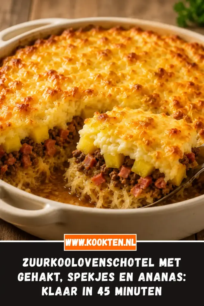 Zuurkoolovenschotel met gehakt, spekjes en ananas uit de oven