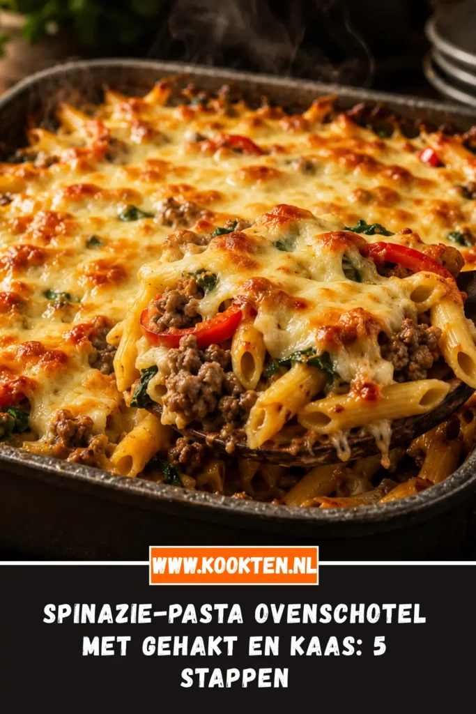 Spinazie-pasta ovenschotel met gehakt en kaas van dichtbij op het bord