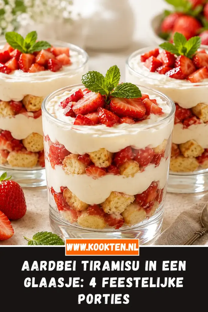 Aardbei tiramisu in een glaasje van dichtbij op het bord