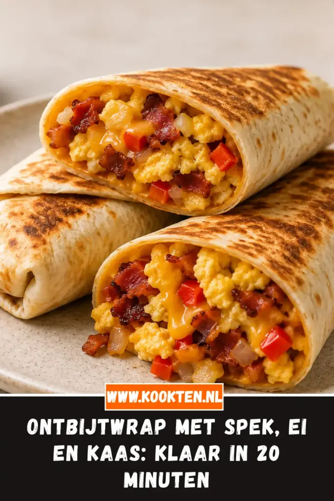 Ontbijtwrap met spek, ei en kaas op een bord