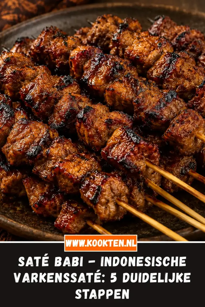 Saté babi - Indonesische varkenssaté van dichtbij op het bord