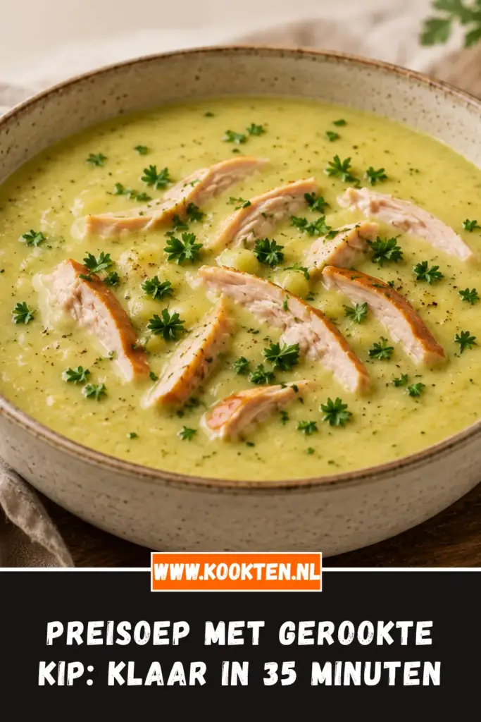 Preisoep met gerookte kip van dichtbij op het bord