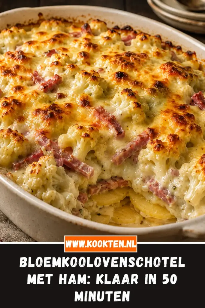 Bloemkoolovenschotel met ham van dichtbij op het bord