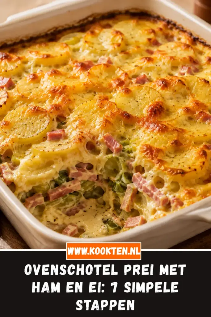 Ovenschotel prei met ham en ei van dichtbij op het bord