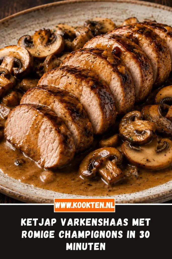 ketjap varkenshaas met romige champignons van dichtbij op het bord
