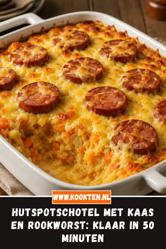 Hutspotschotel met kaas en rookworst van dichtbij op het bord