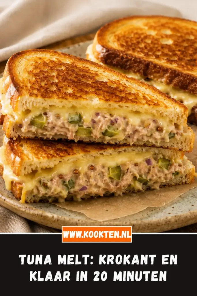 Tuna melt van dichtbij op het bord
