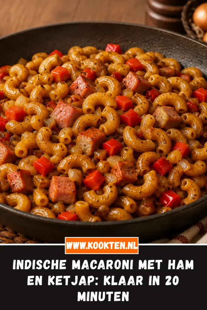 Indische macaroni met ham en ketjap in een kom