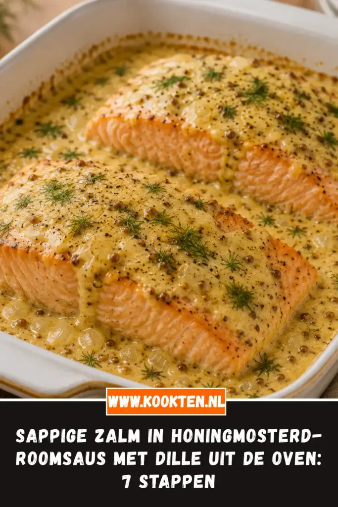 Sappige zalm in honingmosterd-roomsaus met dille uit de oven