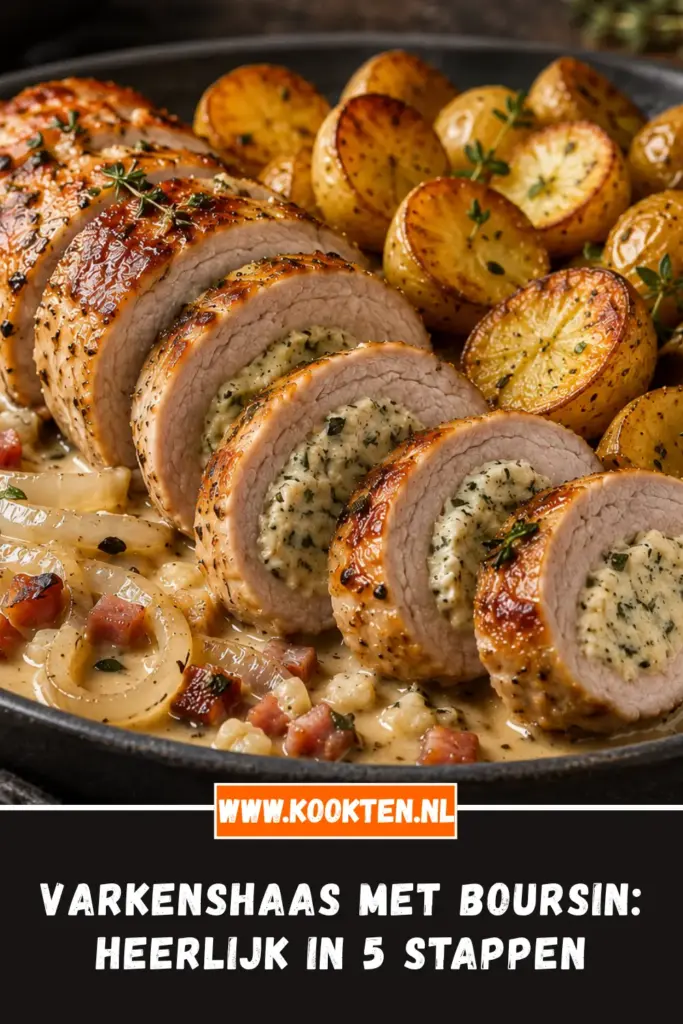 Varkenshaas met Boursin van dichtbij op het bord