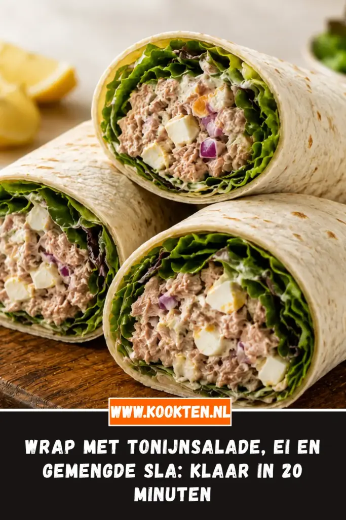 Wrap met tonijnsalade, ei en gemengde sla van dichtbij op het bord