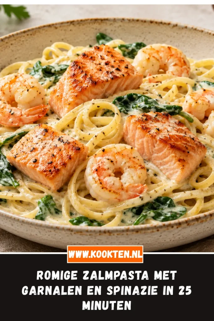 Romige zalmpasta met garnalen en spinazie van dichtbij op het bord