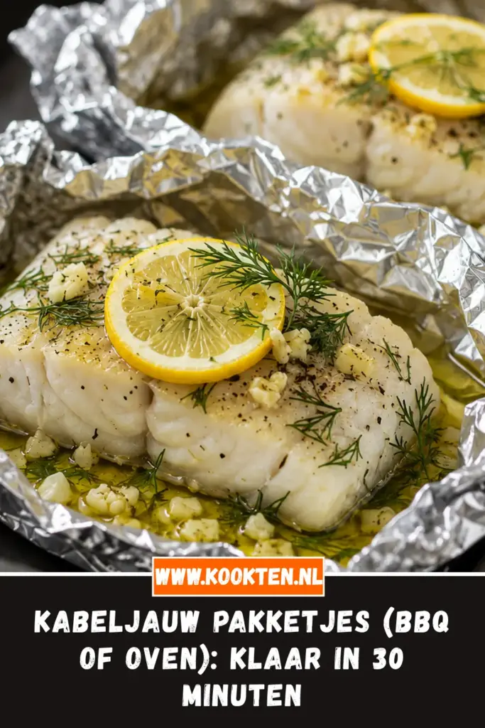 Kabeljauw pakketjes (BBQ of oven) van dichtbij op het bord