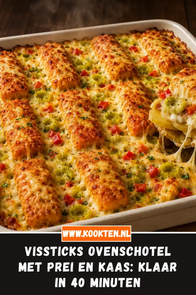Vissticks ovenschotel met prei en kaas van dichtbij op het bord