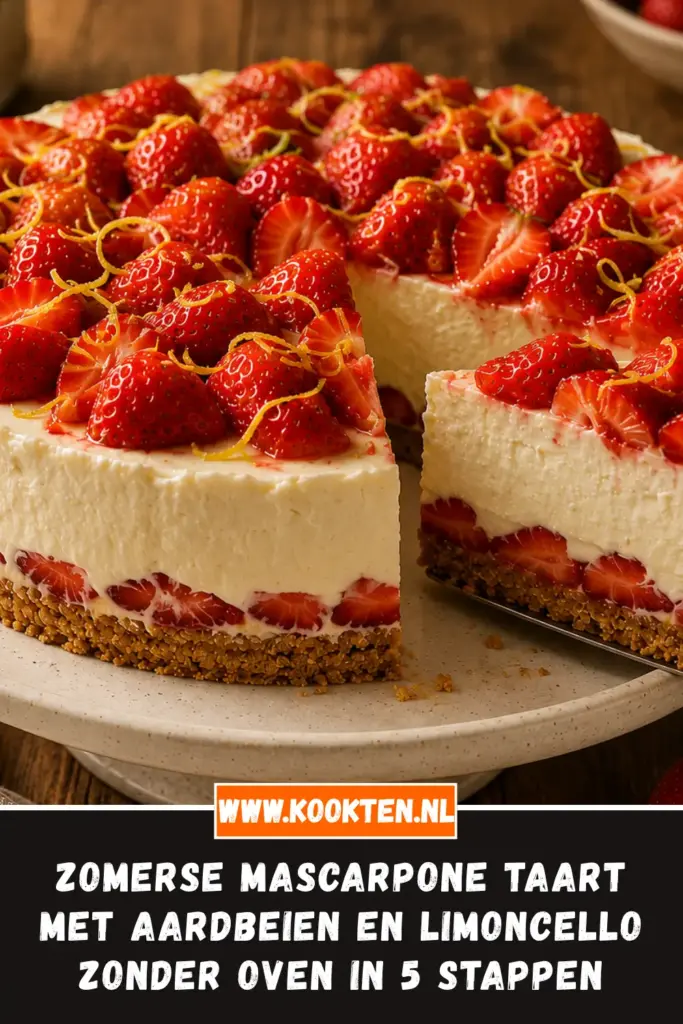 Zomerse Mascarpone Taart met Aardbeien en Limoncello Zonder Oven van dichtbij op het bord