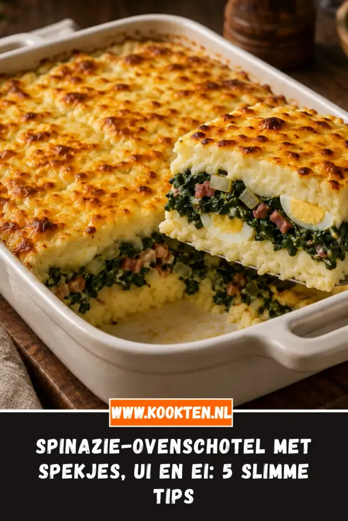 Spinazie-ovenschotel met spekjes, ui en ei van dichtbij op het bord
