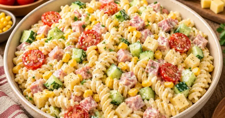 ROMIGE HAM-KAAS PASTASALADE met komkommer, tomaat en maïs