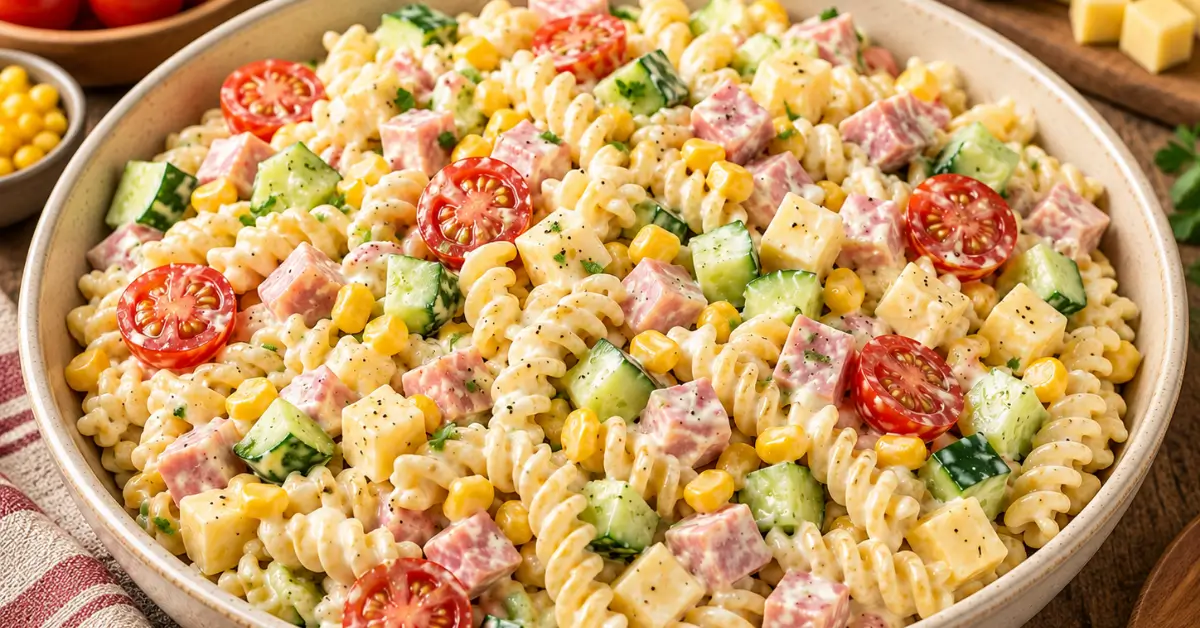 ROMIGE HAM-KAAS PASTASALADE met komkommer, tomaat en maïs