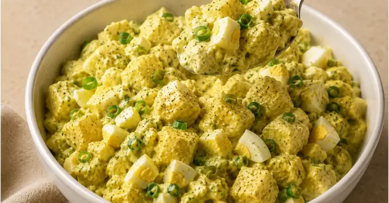 SURINAAMSE AARDAPPELSALADE MET KERRIE, EI EN BOSUI in een serveerschaal
