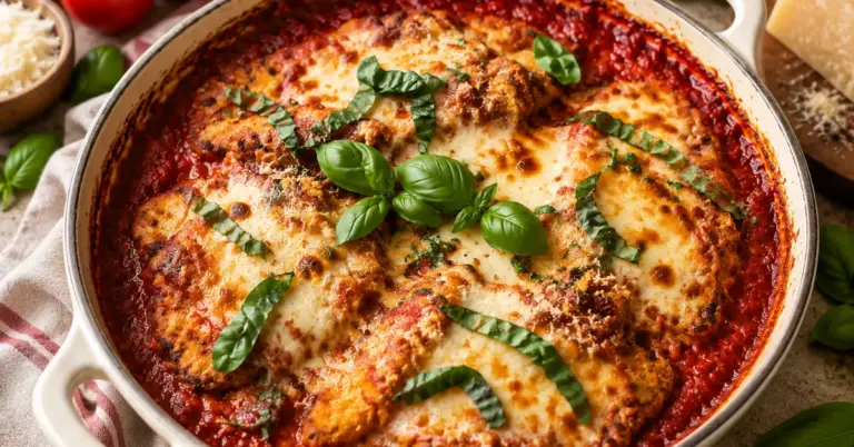 Kip parmigiana uit de oven met gesmolten kaas en verse basilicum