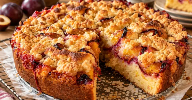 Pruimencake met deegkruimels op een bord