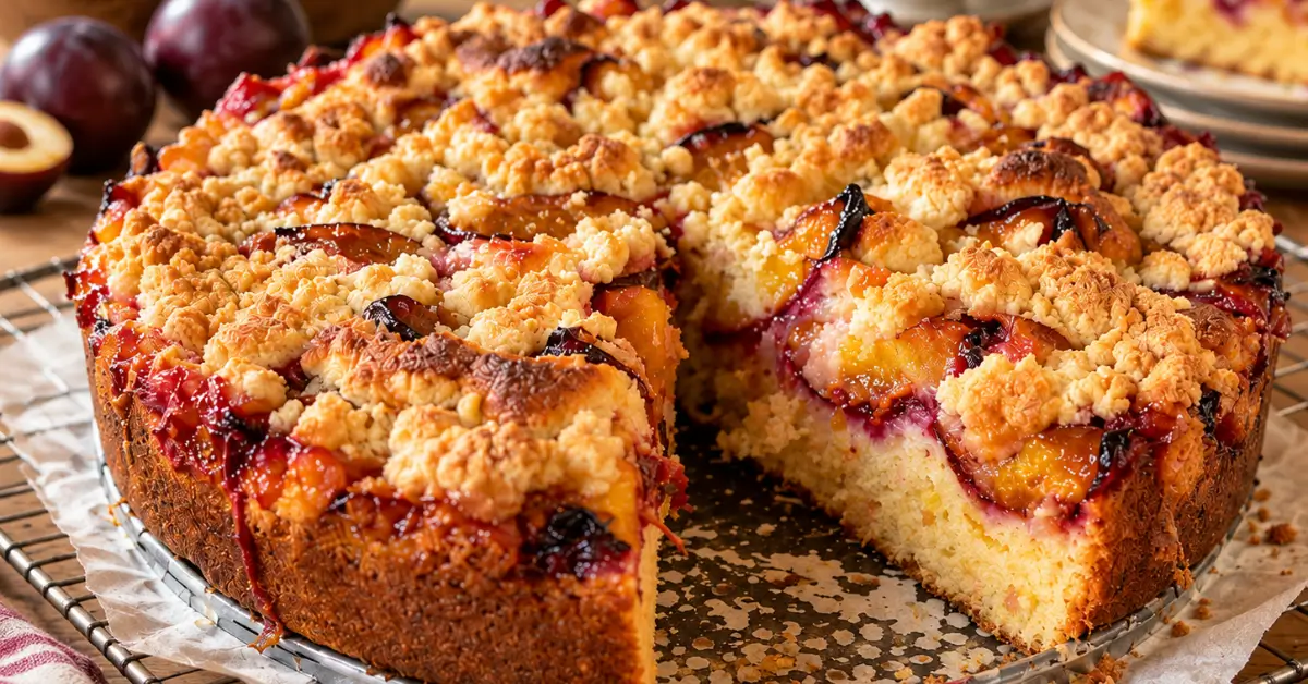 Pruimencake met deegkruimels op een bord