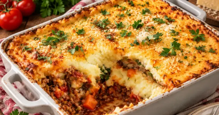Italiaanse gehaktschotel met aardappelpuree en parmezaan uit de oven