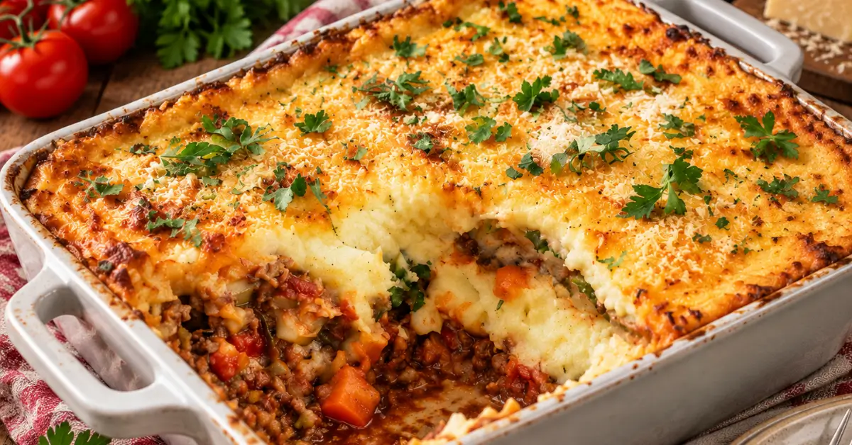 Italiaanse gehaktschotel met aardappelpuree en parmezaan uit de oven