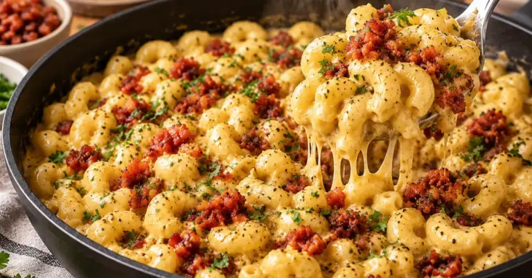 Romige Indische macaroni met Boursin en kerrie-spekjes in een kom