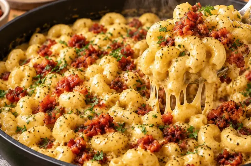 Romige Indische macaroni met Boursin en kerrie-spekjes