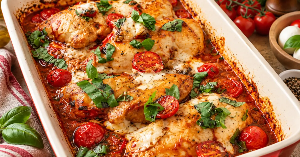 Balsamicokip met mozzarella en cherrytomaatjes uit de oven